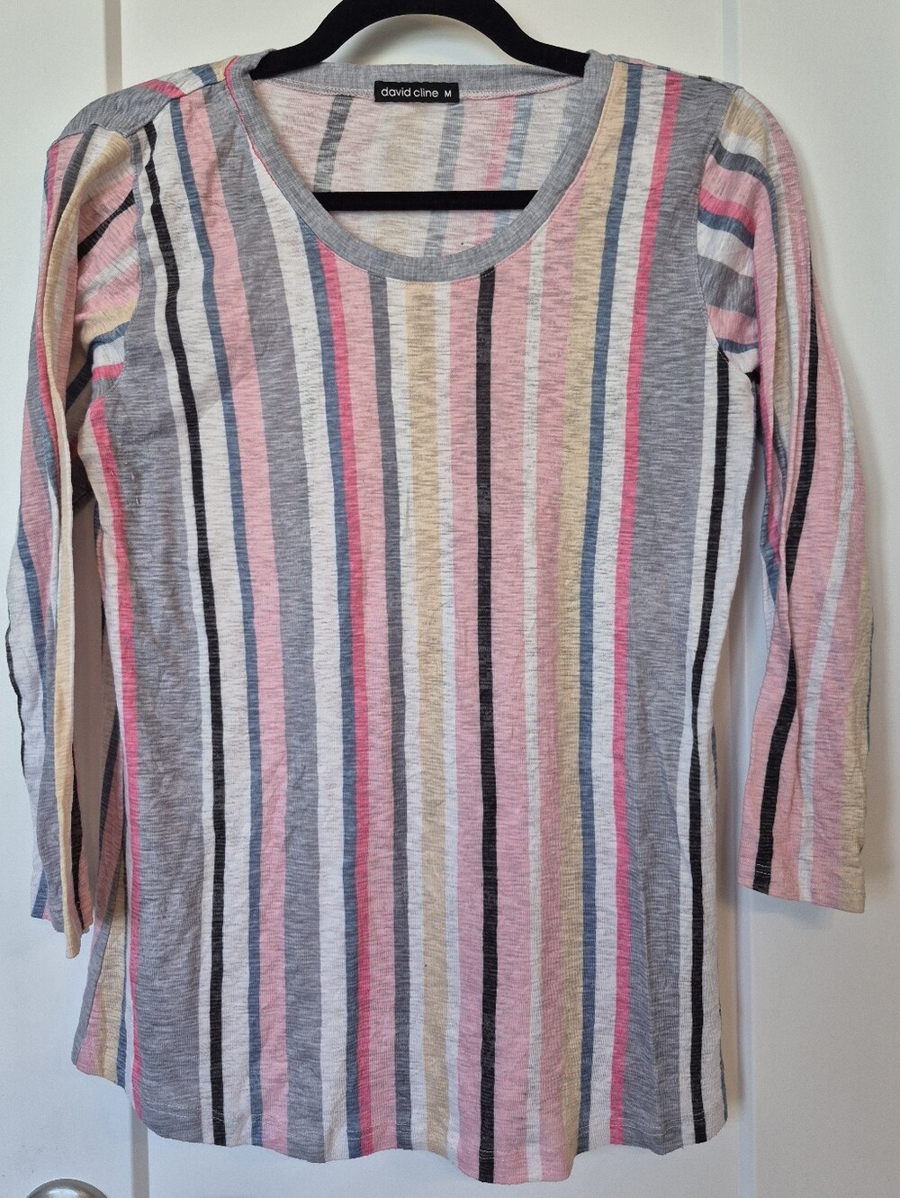 David Cline Multi-Stripe Long Sleeve Scoop Neck Top in Pink, Gray & Cream